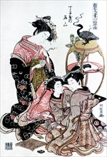 Courtesans preparing tea; by Koriusai; 18th Century, japanese
