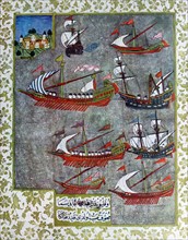 Early 17th Century Ottoman Illustration: Captain Ali Pasha defeated 13 enemy ships with a Galleon