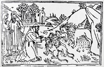 saint jerome depicted with a lion, woodcut 1497