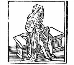 Woman going to the toilet (detail from )'Romance of the rose; 1503 Woodcut