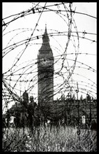 Barbed wire fences in Parliament Square London during World War Two 1942