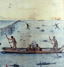 Watercolour drawing 'Indians Fishing' by John White (created 1585-1586).