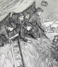 Illustration from a book depicting young boys popping out of their shelter to say hello to a passing woman