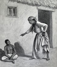 Illustration from a book depicting a young black boy sitting outside of a black woman's home