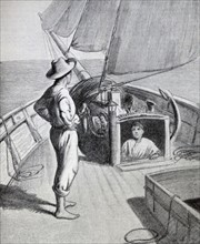 Illustration from a book depicting a young man standing on the deck whilst being watched by a young boy