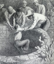 Illustration from a book depicting a young boy being retrieved from a well