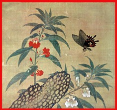 flowers with a hovering butterfly, chinese 14th century