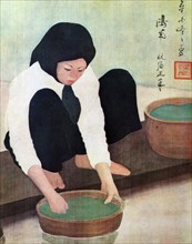 Young girl washing fruits 1950 by Nguyen Phan Chanh (July 21, 1892 - November 22, 1984)