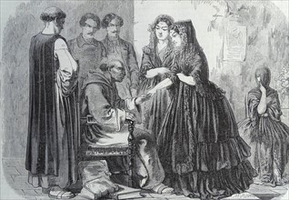 Engraving depicting a visit by Father Zea to the Convent in Lima