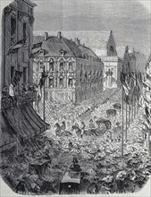 Engraving depicting a busy street scene in Lille , France