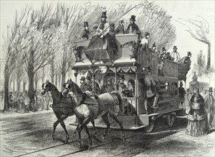 Woodcut depicting the Inauguration of a small horse-drawn iron bus