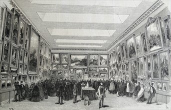 Woodcut depicting an exhibition of paintings displayed in a Gallery