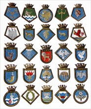 A badge for each of the 25 types of ships of the Royal Navy lost on war service.