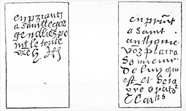 Left: facsimile of the writing of Henry VIII. Right: facsimile of the writing of Cardinal Wolsey.
