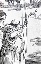 Illustration of a friar hunting with a bow and arrow