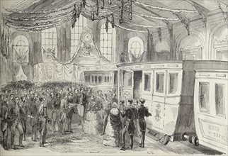 Arrival of the French Emperor Napoleon III and Empress Eugenie at the railway station of Calais. 1860