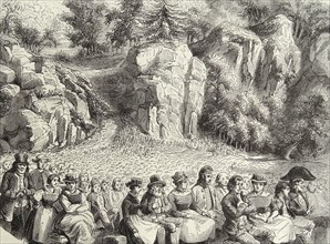 crowded audience at an open air preformance at Stalden. Zermatt valley, switzerland. 1860