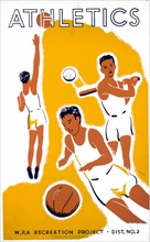 Poster showing youths playing basketball, baseball, and volleyball