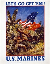 1942 Poster showing Marines bearing rifles with bayonets