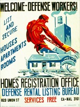Poster alerting defense workers to the availability of houses, apartments, and rooms