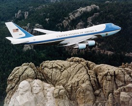 Air Force One, flying over Mount Rushmore in February 2003.