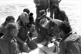 Moshe Dayan (eye patch) General Haim Barlev during the 1973 October war