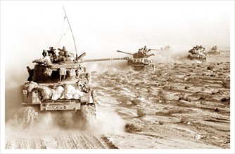 Israeli tanks speeding toward Egyptian military positions during the Six Day War