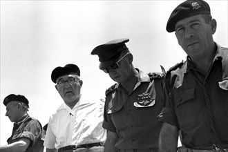 General Haim bar Lev, Prime Minister Levi Eshkol; Chief of staff General Yitzhak Rabin and Major General Israel tal
