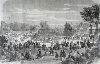 Crowds walking in the Bois de Boulogne park, Paris 1860