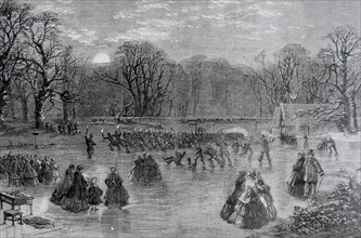 Engraving titled 'Skating of the Serpentine by Torchlight'