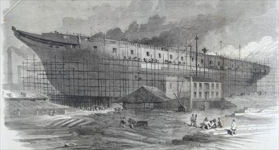 Engraving depicting the construction of a large ship
