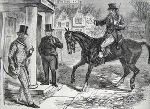 Engraving depicting a postman on horseback collecting letters on Christmas Eve