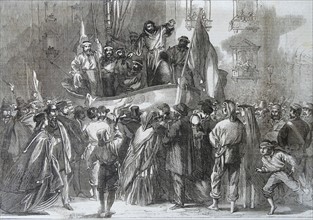 Engraving depicting Padre Giovanni addressing the people