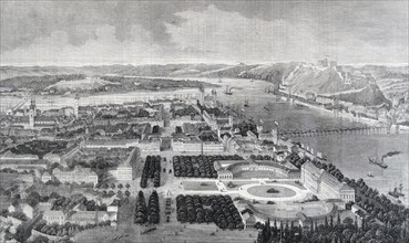 Engraving depicting a bird's-eye-view of the city of Koblenz