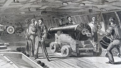 Engraving depicting gun practice on board H.M.S 'Brilliant'