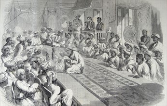 Engraving depicting the sale at Calcutta of valuable Government Presents and Lucknow Jewels