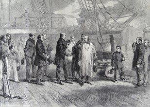 Engraving depicting the farewell visit of Garibaldi to Admiral Munday on board the 'Hannibal'