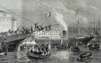 Engraving depicting the arrival of the 'Emperor' and the 'Melazzo' with British volunteers for Garibaldi