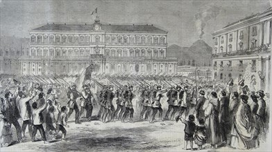 Engraving depicting the British Brigade Marching in the Largo
