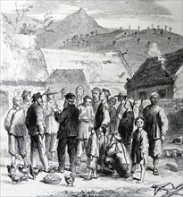 Engraving depicting the purchasing of eggs and fowls of the Natives