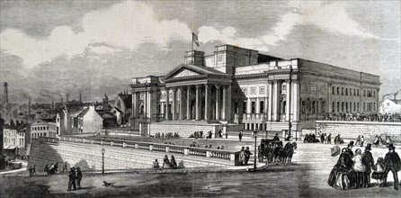 Engraving depicting the free public library and museum