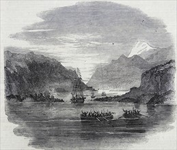 Engraving depicting of the H.M.S. 'Termagant' passing English narrows