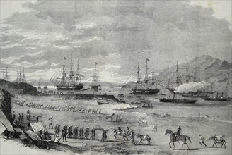 Engraving depicting the departure of troops from Hockley Pier