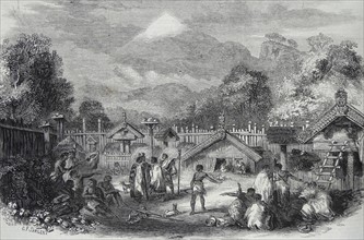 Engraving depicting a fortified village, known as a Pah.