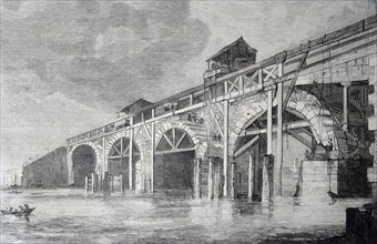 Engraving depicting the demolition of Old Westminster Bridge