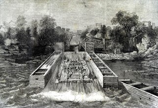 Engraving depicting the Prince of Wales descending a Timber-Slide at Ottawa