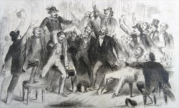 Engraving depicting the ovation to the first Garibaldian who entered the Café di Europa