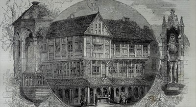Engraving depicting a Tudor house and shop