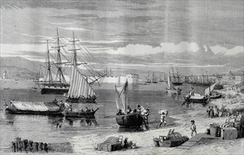 Engraving depicting people unloading their chattels at Messina