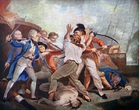 Coloured mezzotint of Nelson boarding the San Josef at the Battle of St. Vincent